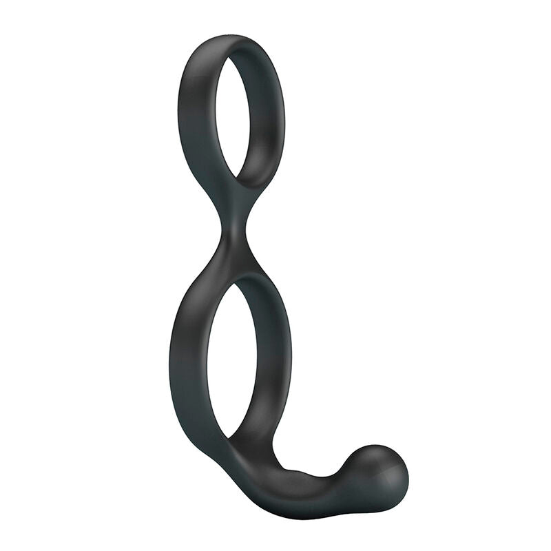 Anneau double Florian noir vu de profil, silhouette en huit avec la bille de stimulation en bas à droite