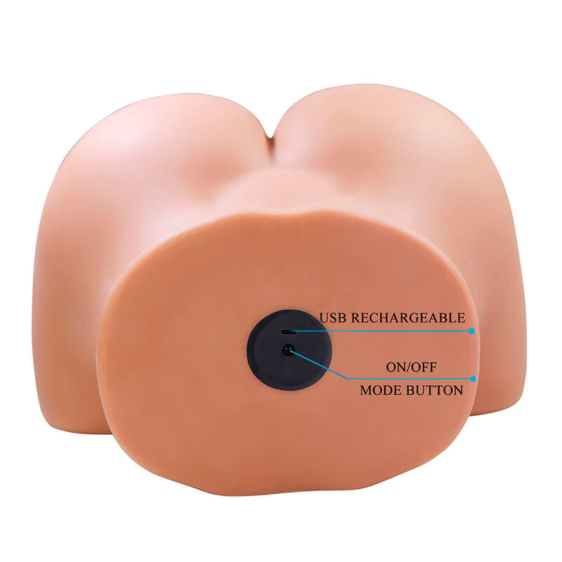 Masturbateur Julia XXL vu de face sur la base, bouton de commande légendé USB rechargeable et on/off mode button