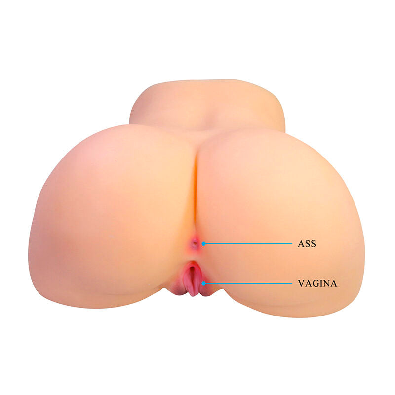 Masturbateur Liora XXL vu de dos, entrée anale et vaginale légendées