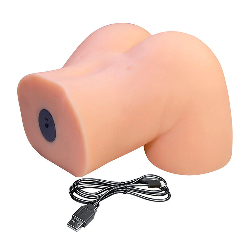 Masturbateur Liora XXL vu de trois-quarts avec un bouton de commande noir et un câble de recharge USB posés devant