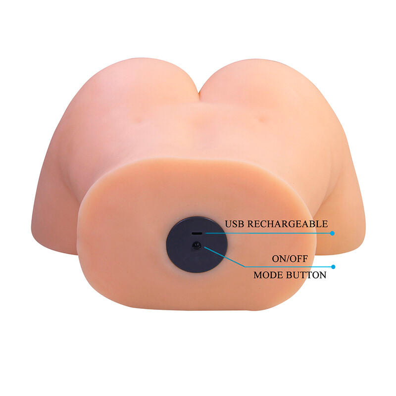 Masturbateur Liora XXL vibrant vu de dos avec bouton de commande légendé USB rechargeable et on/off mode button