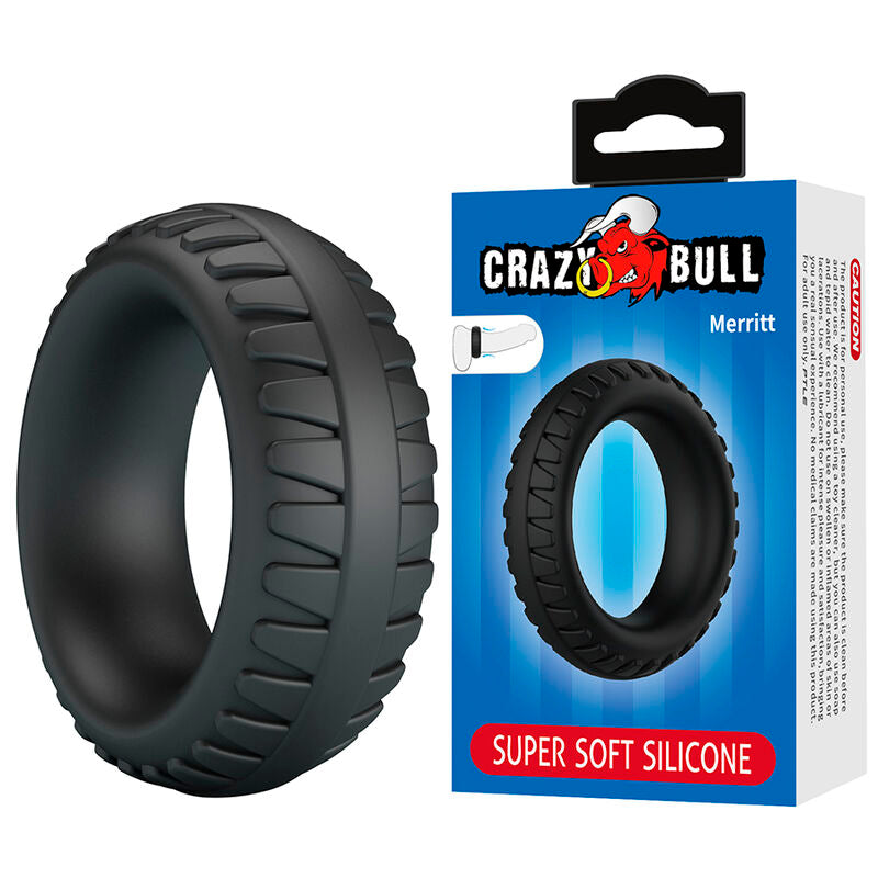 Anneau pénien Merritt noir posé à côté de son emballage Crazy Bull