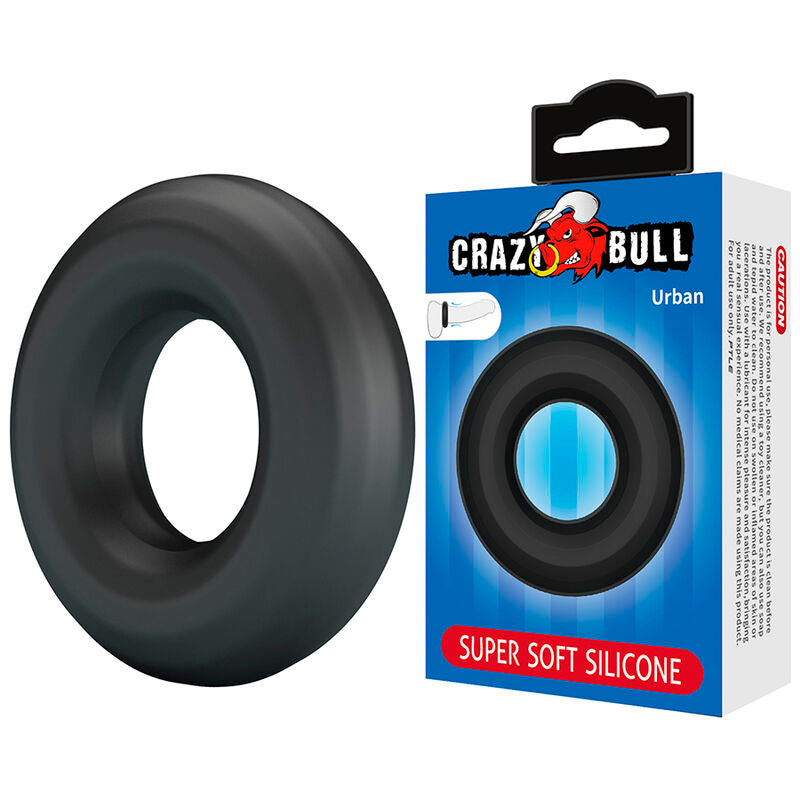 Anneau pénien Urban noir posé à côté de son emballage Crazy Bull Urban Super Soft Silicone