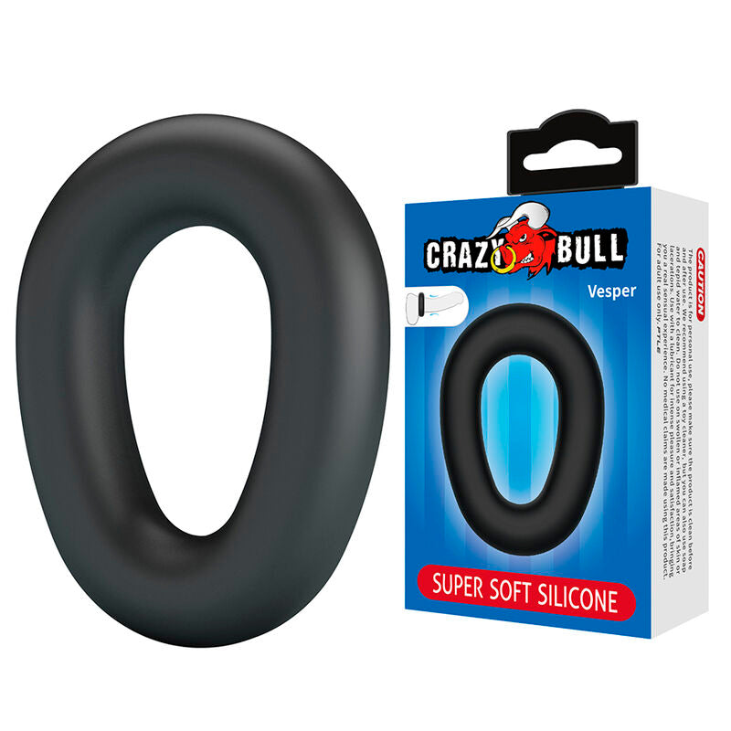 Anneau pénien Vesper noir lisse posé à côté de son emballage Crazy Bull Vesper Super Soft Silicone