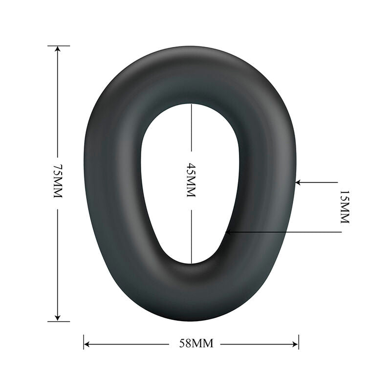 Schéma des dimensions de l'anneau Vesper : 75 mm de hauteur, 58 mm de largeur, 45 mm de diamètre intérieur, 15 mm d'épaisseur
