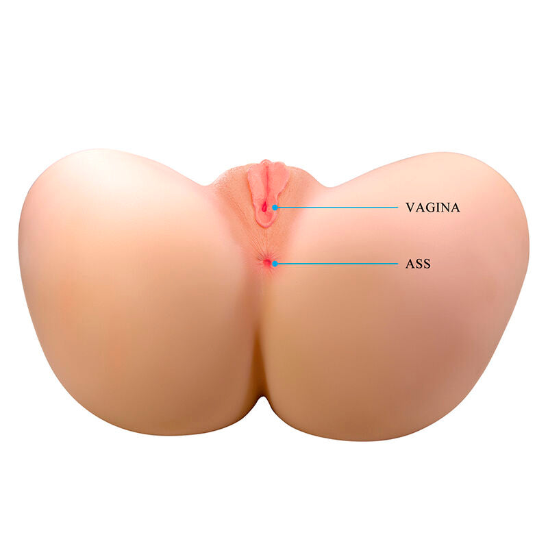 Masturbateur Vivian vu de dos, entrées vaginale et anale légendées