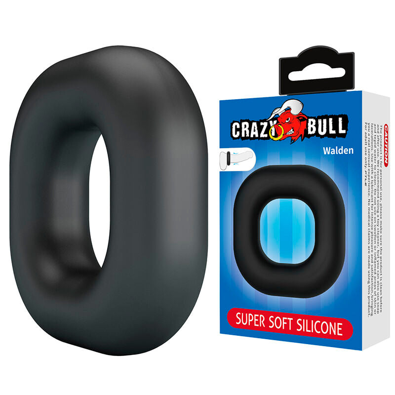 Anneau pénien Walden noir épais posé à côté de son emballage Crazy Bull Walden Super Soft Silicone