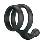 Anneau double Yancy noir pour pénis et testicules, avec petit stimulateur incurvé sur le côté, vu de face