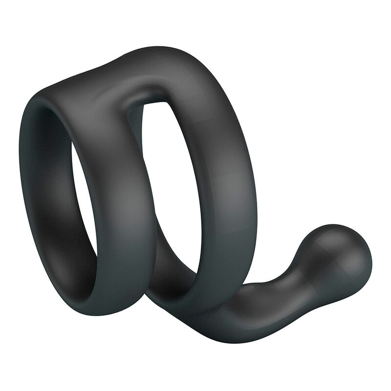 Anneau double Yancy noir vu de trois-quarts, silhouette des deux boucles et du stimulateur courbé