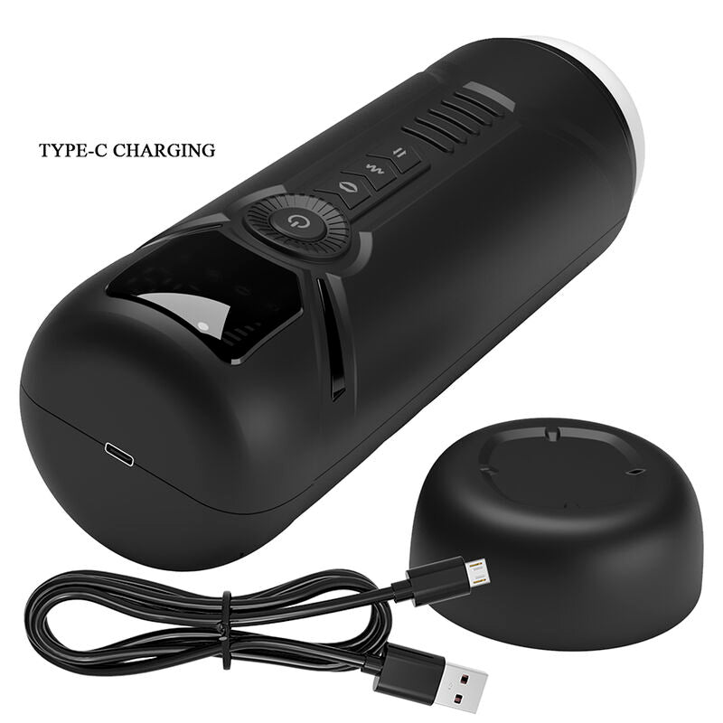 Masturbateur Aetolia avec poignée et câble de recharge USB-C, capuchon détaché posé à côté