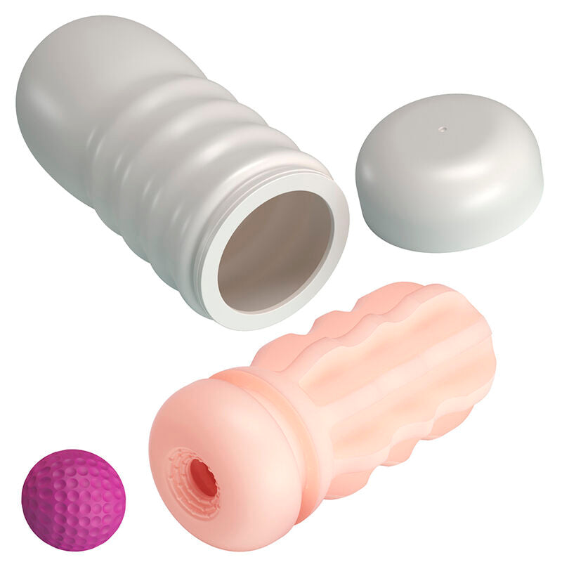 Vue éclatée du masturbateur : coque blanche nervurée, capuchon blanc et manchon interne texturé beige avec sa bille violette