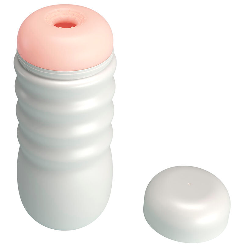 Coque blanche nervurée du masturbateur, ouverture en silicone rose sur le dessus, capuchon détaché à côté