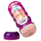 Emballage bouteille du masturbateur Pretty Love vu en angle, capuchon violet détaché, ouverture en silicone chair visible en bas