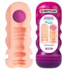 Manchon interne beige du masturbateur, canal texturé à billes violettes visible par l'ouverture, à côté de l'emballage bouteille Pretty Love « Vacuum Cup Masturbator 360°, Alisa »