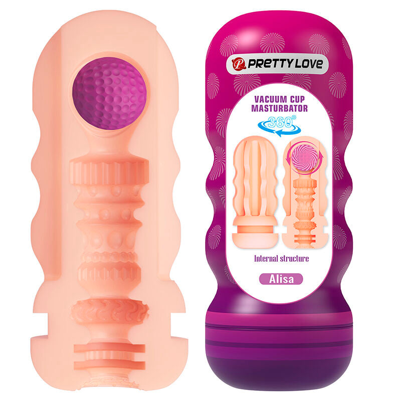 Manchon interne beige du masturbateur, canal texturé à billes violettes visible par l'ouverture, à côté de l'emballage bouteille Pretty Love « Vacuum Cup Masturbator 360°, Alisa »
