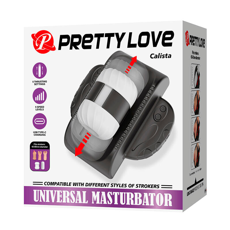 Emballage du Calista Pretty Love, recto et tranche avec bandeau Universal Masturbator et exemples de manchons compatibles