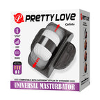 Emballage du Calista Pretty Love, recto et tranche avec bandeau Universal Masturbator et exemples de manchons compatibles