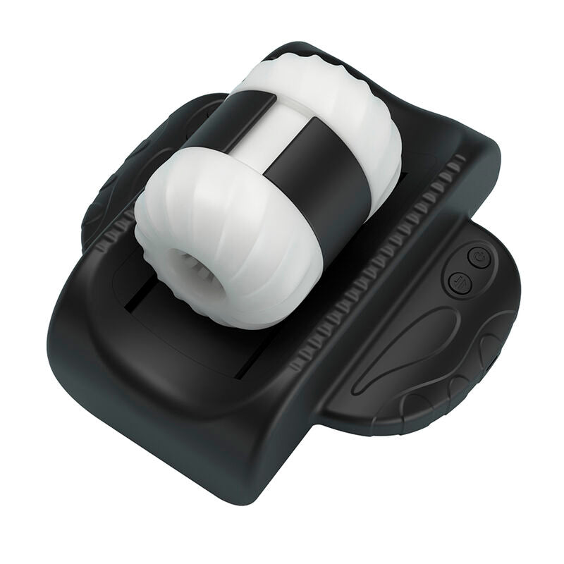 Masturbateur universel Calista noir, vue de dessus sur le manchon blanc strié installé dans le berceau et les boutons de commande