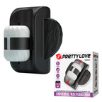 Masturbateur Calista vu de profil à côté de son emballage Pretty Love « Calista », bandeau Universal Masturbator et pictogrammes de fonctions