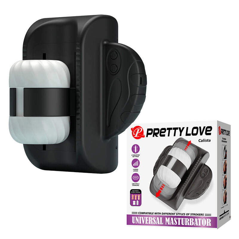 Masturbateur Calista vu de profil à côté de son emballage Pretty Love « Calista », bandeau Universal Masturbator et pictogrammes de fonctions