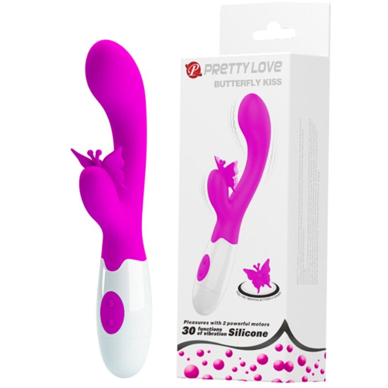 Vibrateur rabbit rose fuchsia posé à côté de son emballage Pretty Love Butterfly Kiss