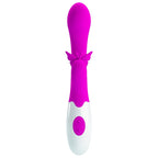 Vibrateur rabbit rose fuchsia, vue de face sur l'embout arrondi et le bras papillon