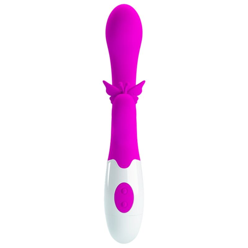 Vibrateur rabbit rose fuchsia, vue de face sur l'embout arrondi et le bras papillon