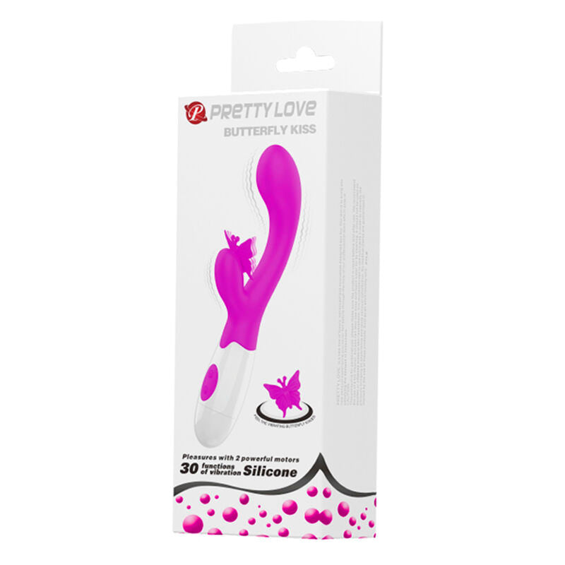 Vibrateur rabbit rose fuchsia posé devant son emballage Pretty Love Butterfly Kiss