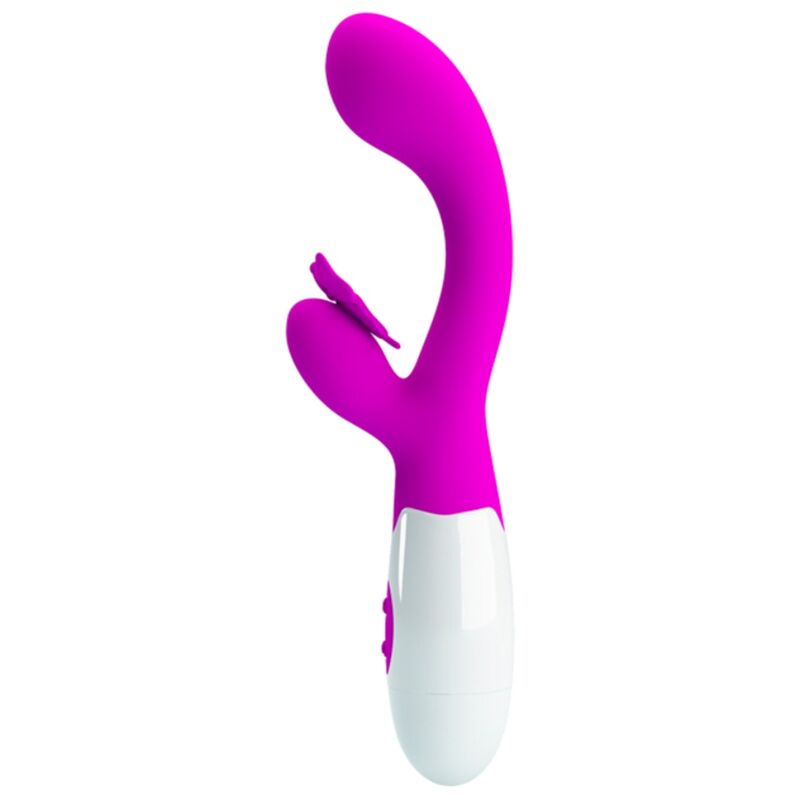 Vibrateur rabbit rose fuchsia, vue de trois-quarts montrant le bras stimulateur papillon