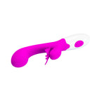 Vibrateur rabbit rose fuchsia allongé en diagonale sous un autre angle