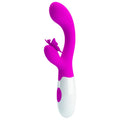 Vibrateur rabbit rose fuchsia, vue de face, debout sur fond blanc, avec bras stimulateur papillon