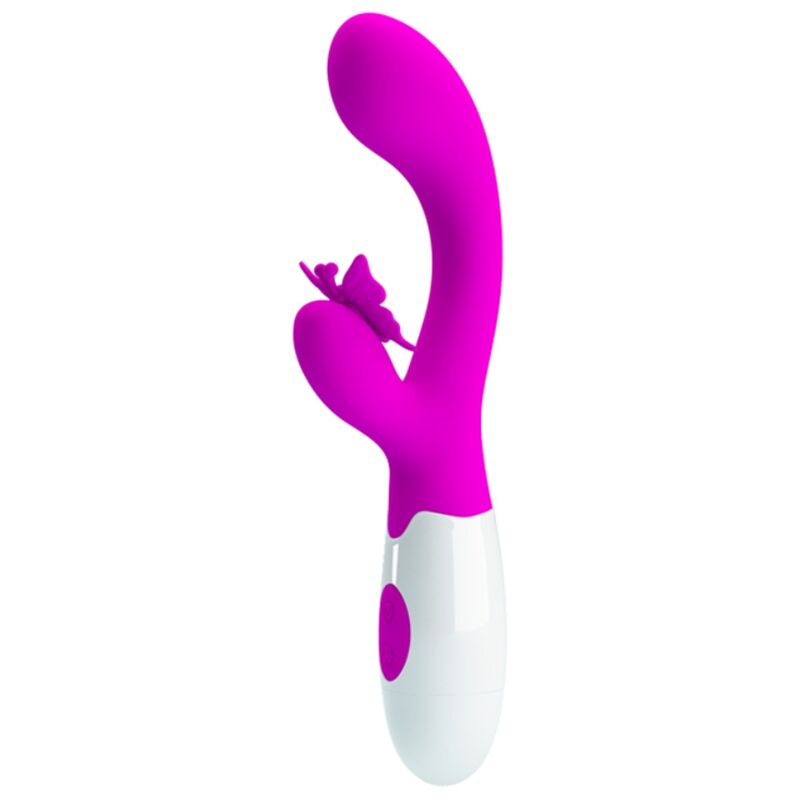 Vibrateur rabbit rose fuchsia, vue de face, debout sur fond blanc, avec bras stimulateur papillon