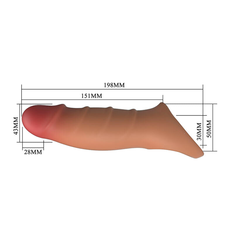 Schéma des dimensions de la gaine : 198 mm de longueur totale, 151 mm jusqu'à l'anneau, largeurs de 28 à 50 mm selon les points mesurés
