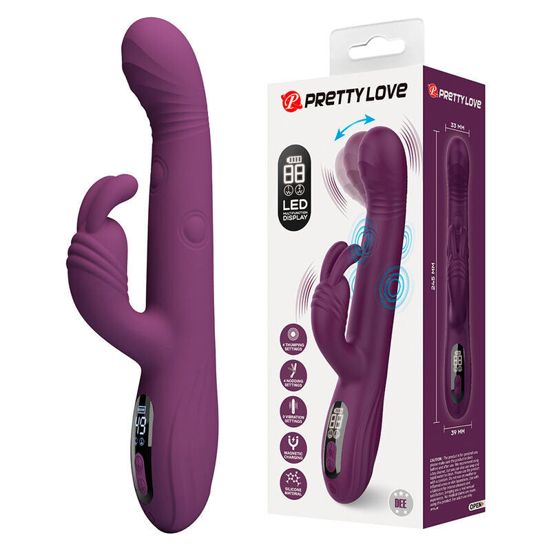 Vibrateur lapin Dee violet foncé à côté de son emballage Pretty Love, écran LED et pictogrammes 4 réglages de tapotement, 4 d'oscillation, 9 de vibration, recharge magnétique et silicone