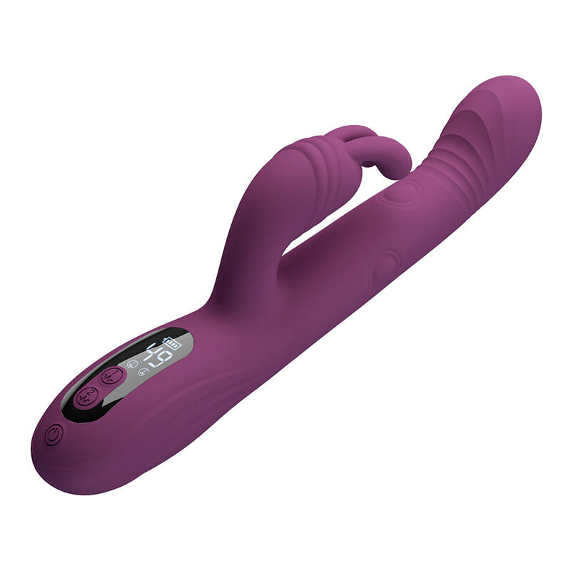 Vibrateur lapin Dee, gros plan en diagonale sur l'écran LED affichant le réglage 49 et les icônes de fonction