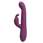 Vibrateur lapin Dee violet foncé, vue de face avec tête nervurée incurvée et stimulateur externe en forme d'oreille de lapin