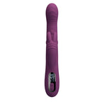 Vibrateur lapin Dee vu de face à la verticale, stimulateur oreille de lapin et écran de commande affichant 49
