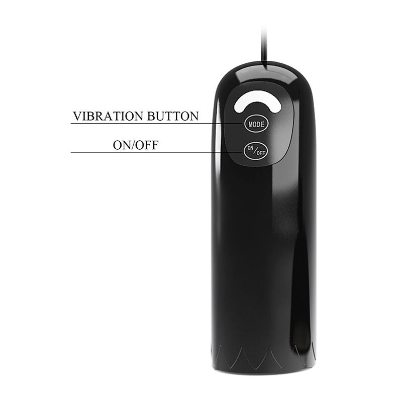 Gros plan sur la télécommande noire du stimulateur de tétons avec boutons vibration button et on/off légendés