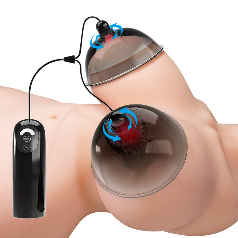 Stimulateur de tétons en situation sur un buste, les deux coupelles positionnées sur les seins avec flèches de rotation