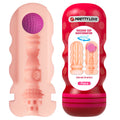 Manchon interne beige du masturbateur Flora, canal aux textures variées et bille violette visible par l'ouverture, à côté de l'emballage bouteille rouge Pretty Love « Flora »