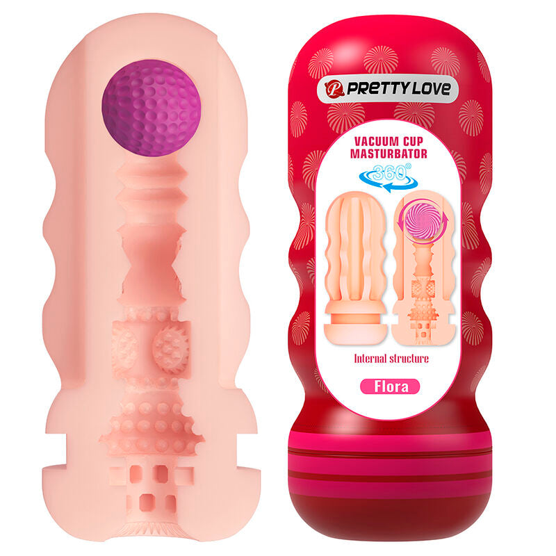 Manchon interne beige du masturbateur Flora, canal aux textures variées et bille violette visible par l'ouverture, à côté de l'emballage bouteille rouge Pretty Love « Flora »