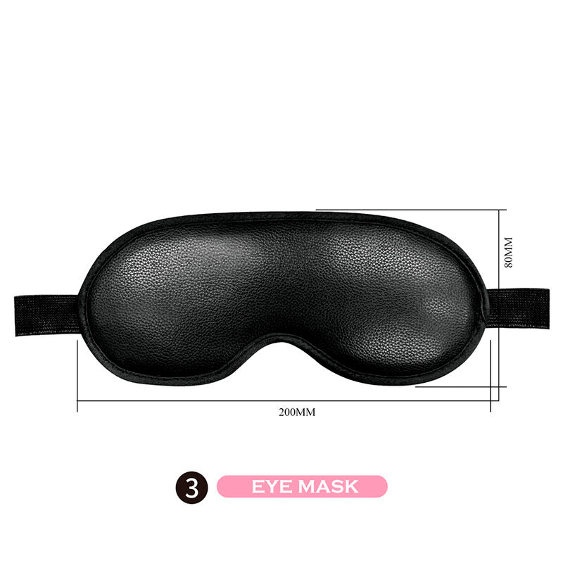 Masque bandeau noir du kit BDSM, vue de face avec schéma dimensionnel 200 x 80 mm