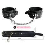 Menottes de chevilles du kit BDSM reliées par une chaîne métallique, schéma dimensionnel d'un bracelet
