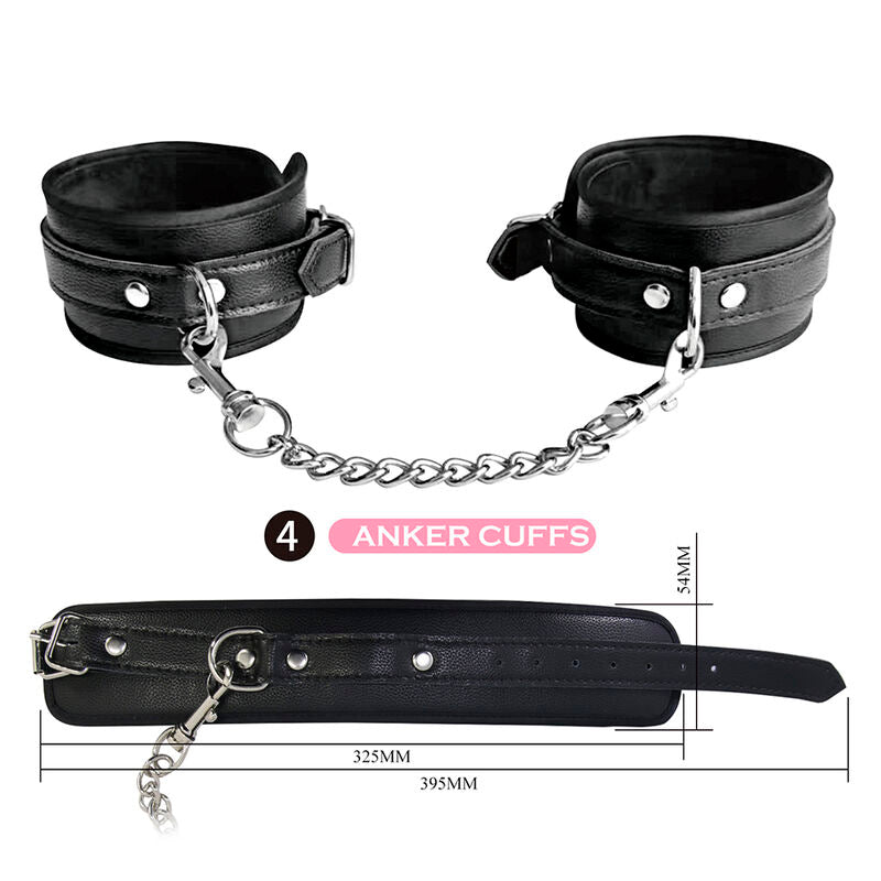 Menottes de chevilles du kit BDSM reliées par une chaîne métallique, schéma dimensionnel d'un bracelet