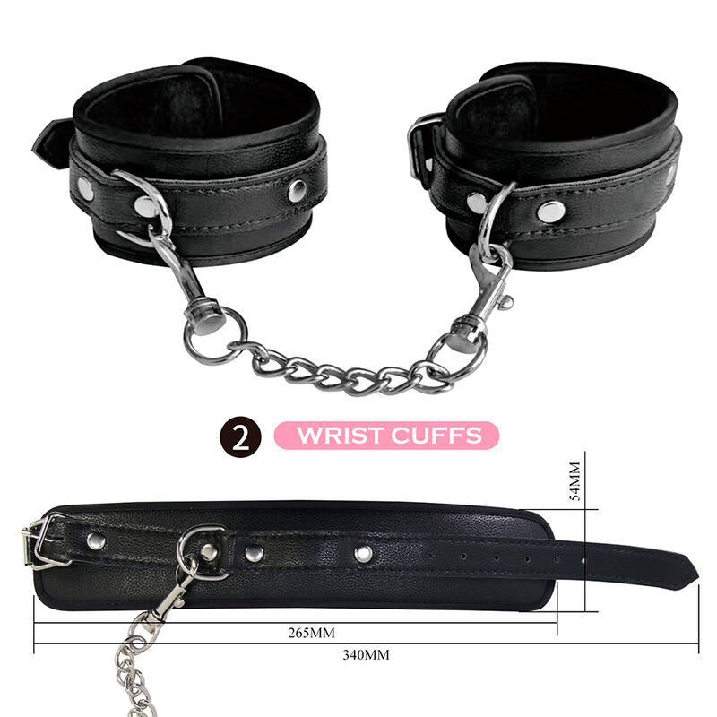 Menottes de poignets du kit BDSM reliées par une chaîne métallique, schéma dimensionnel d'un bracelet