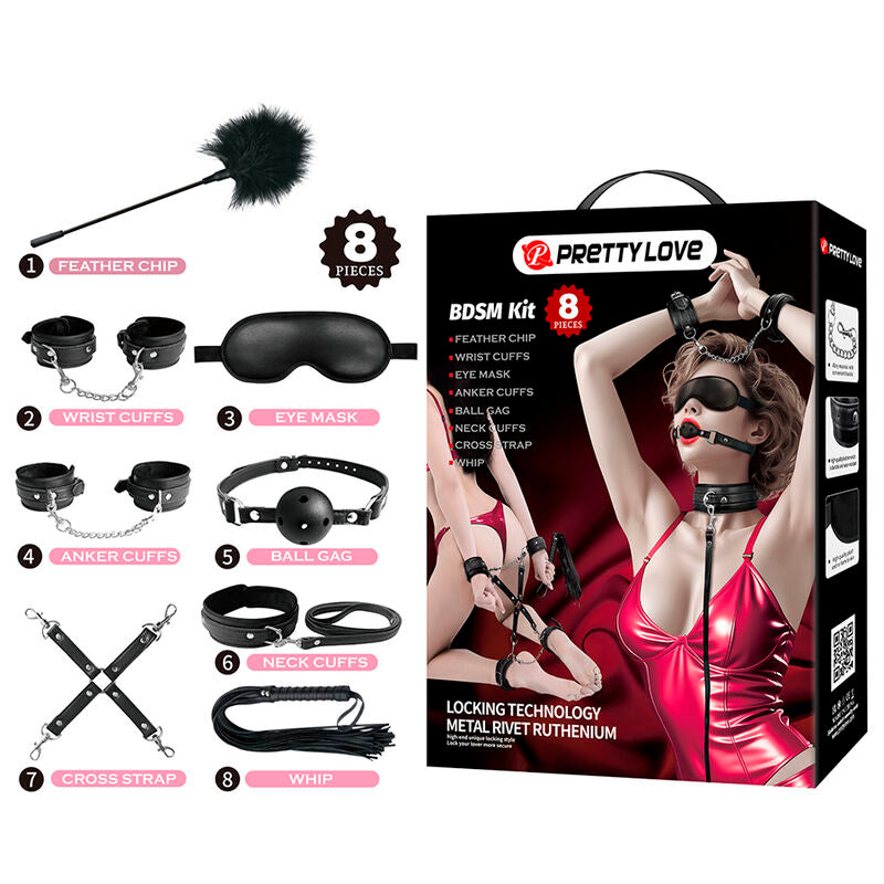 Les 8 pièces du kit BDSM Pretty Love présentées à plat et numérotées, à côté de l'emballage