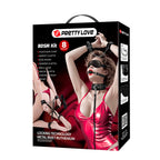 Emballage du kit BDSM 8 pièces Pretty Love, recto et tranche, avec modèle portant bandeau, collier et bâillon, liste des 8 accessoires