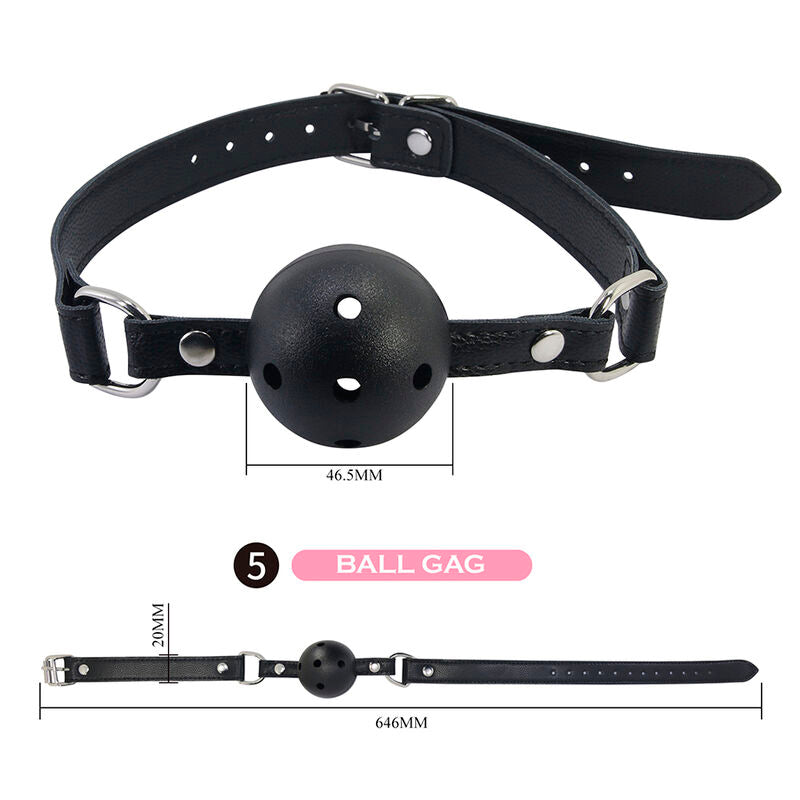 Bâillon boule noir du kit BDSM avec sangle réglable, schéma dimensionnel de la bille et de la sangle