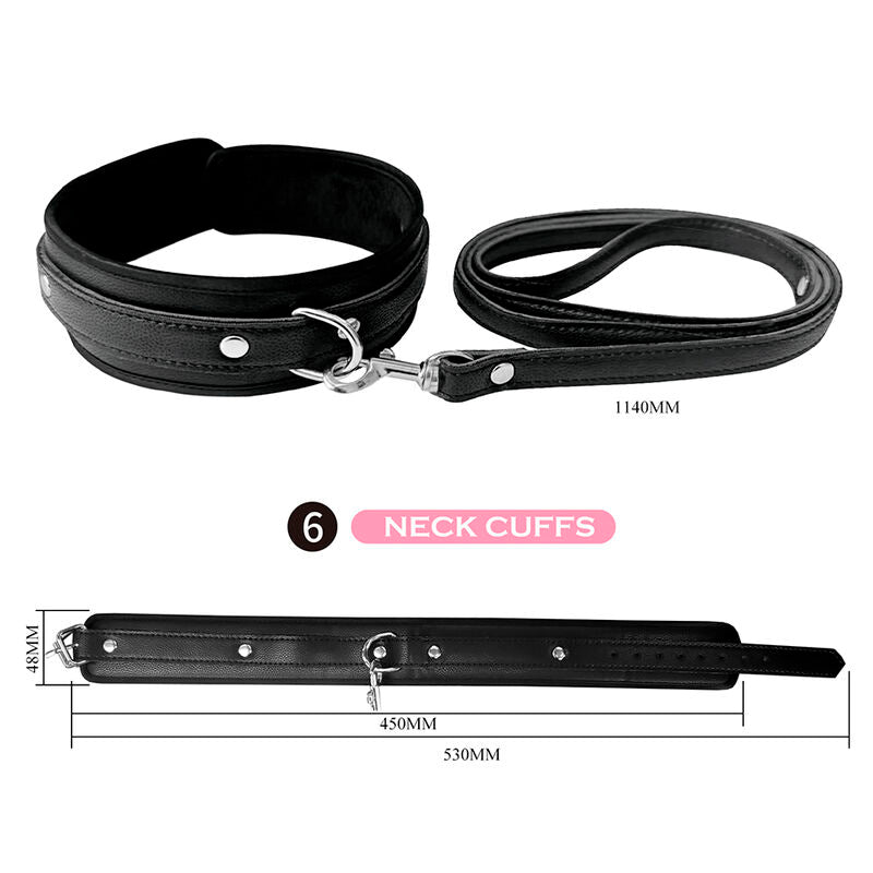 Collier et laisse noirs du kit BDSM, schéma dimensionnel du collier et longueur de la laisse