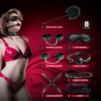 Composition marketing du kit BDSM : modèle en lingerie rouge portant bandeau et bâillon à gauche, les 8 accessoires numérotés à droite sur fond rouge